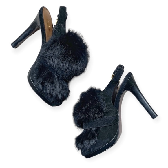 Like New Coach BEA Black Rabbit Fur Slingback Peep Toe Heels, sz 5 - Picture 3 of 15